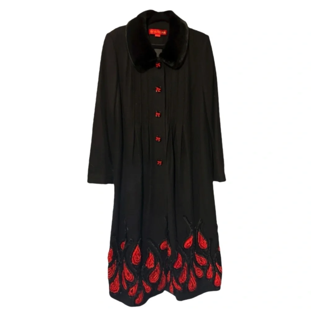 Hoamgar Black Wool Coat with Red Floral Accents – Size M (NWT)